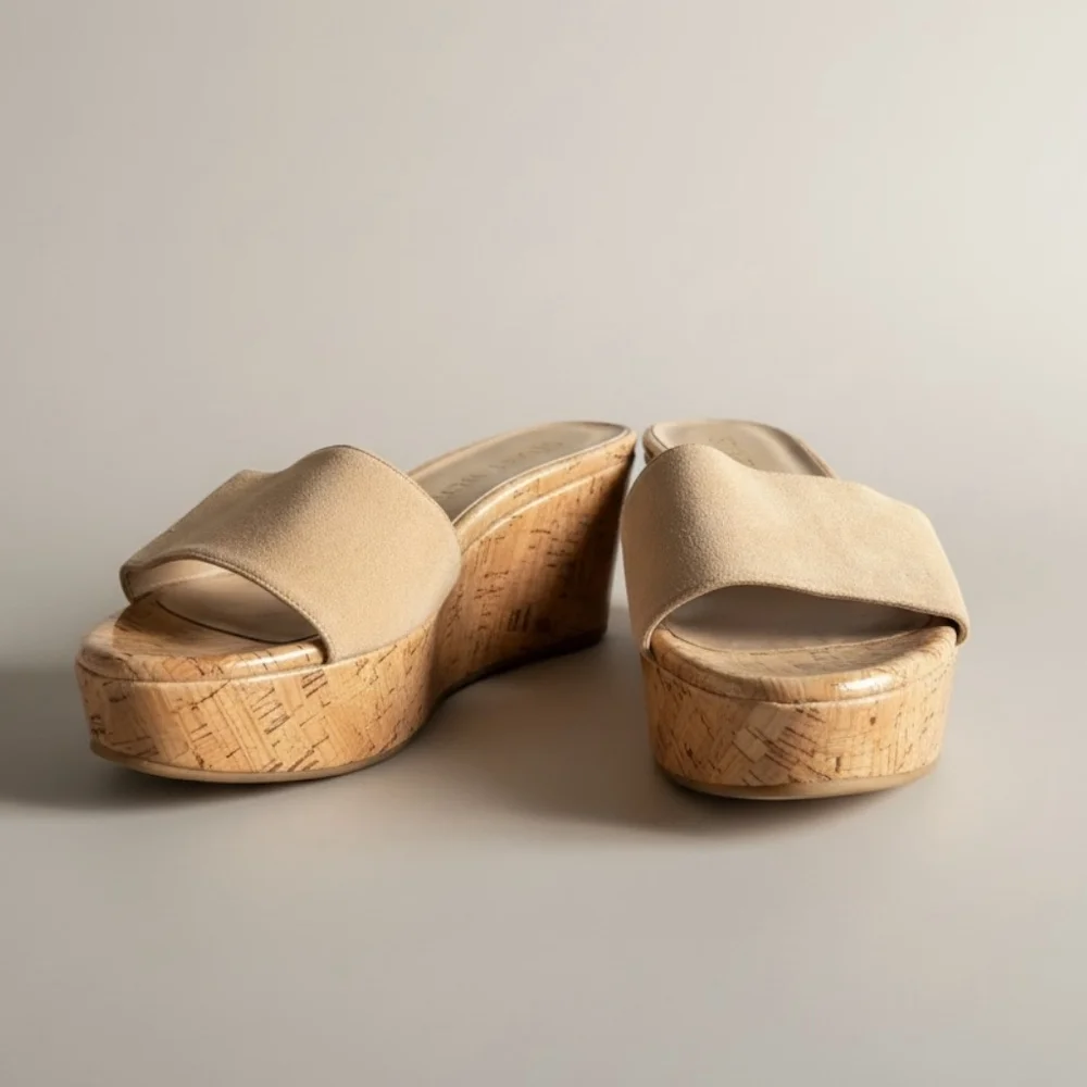 Stuart Weitzman Beige Suede Wedge platform Slides Sandals Shoes 7.5 - Picture 2 of 5